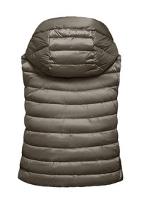 Gilet imbottito verde oliva con colletto alto e motivo a righe orizzontali. Tessuto liscio e leggero per isolamento.
