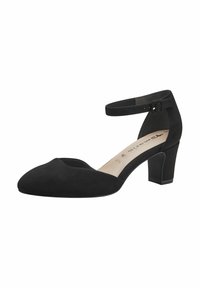 Chaussure à talon haut en daim noir avec un bout pointu et une bride de cheville. Présente un talon épais et une doublure intérieure lisse pour plus de confort.