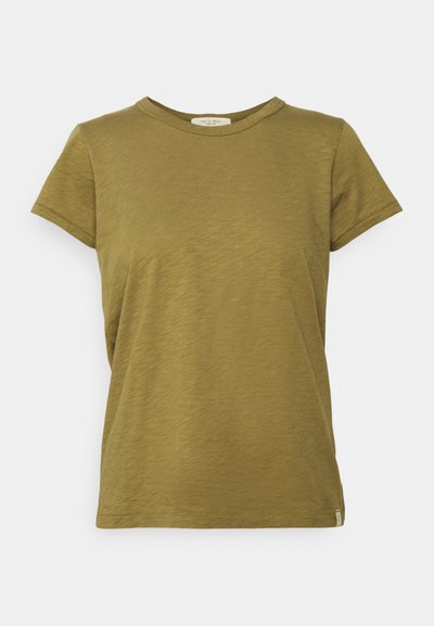 Olive green T-shirt with a crew neck, short sleeves, and a soft, textured fabric. Features a small label at the hem on the left side.