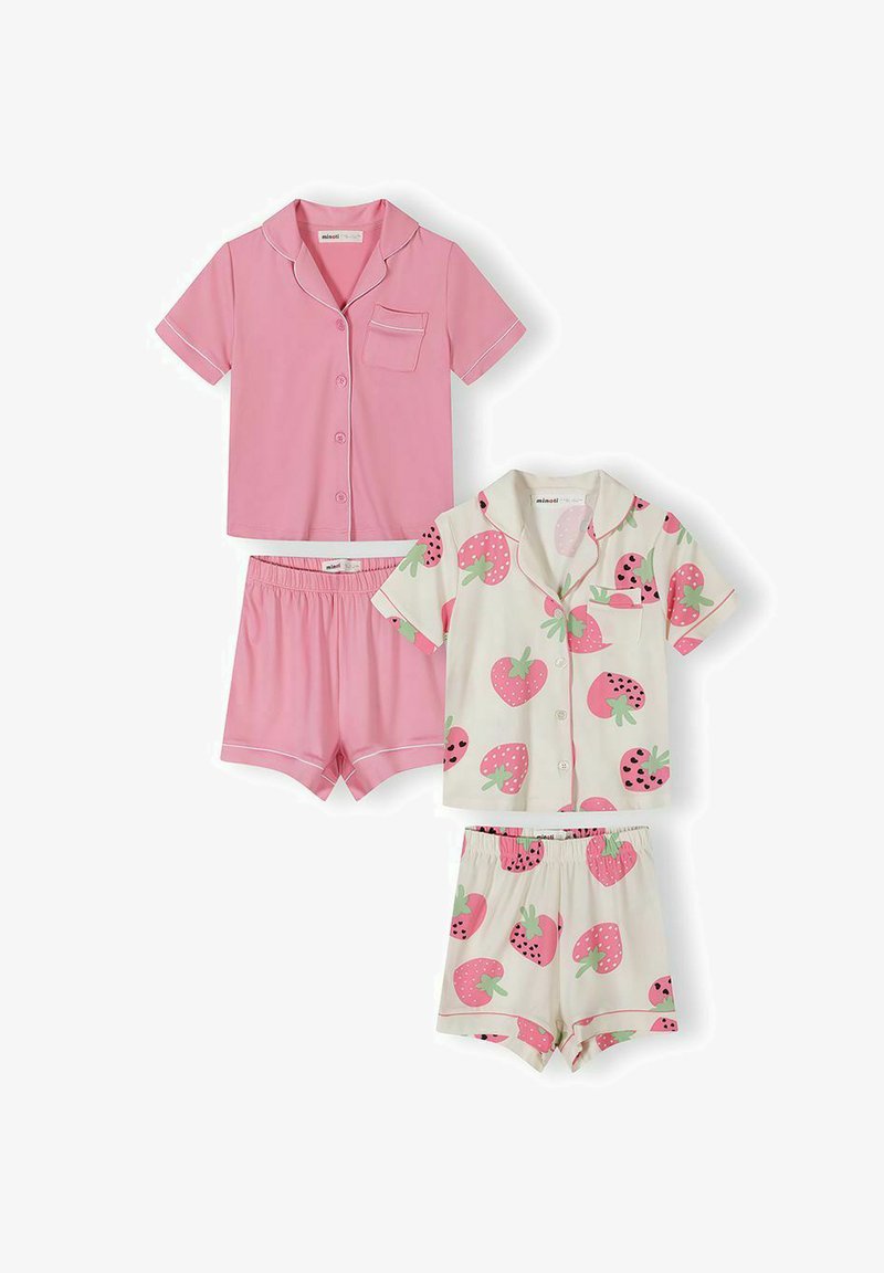 Deux ensembles de pyjamas à manches courtes avec chemise à boutons et short ; un rose uni, l'autre crème avec des imprimés de fraises roses.
