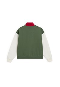 Sweat-shirt vert avec manches longues blanches et col montant rouge, présenté à plat de dos sur fond blanc.