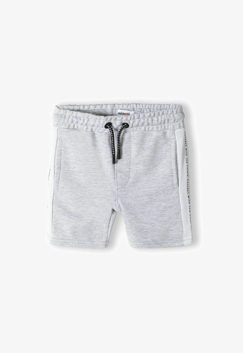 Grå bomullsshorts med elastisk midjeband och svart dragsko, med sidofickor och vita accentpaneler med tryckt text.