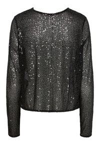 Svart paljettopp med långärmar och rund halsringning. Har ett genomskinligt tyg dekorerat med ett mönster av reflekterande paljetter över hela ytan.
