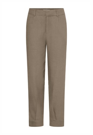 Pantalon kaki à jambes droites avec passants de ceinture, fermeture avant par bouton et zip, et ourlets retroussés.