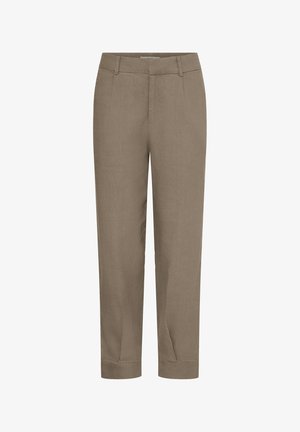 Khaki broek met rechte pijpen, riemlussen, knoopsluiting en ritssluiting aan de voorkant, en omgeslagen zomen.