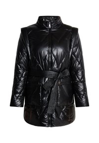 Giubbotto puffer nero con colletto alto, motivo a quadri a forma di V, vita con cintura e due tasche frontali. Finitura lucida e chiusura a zip.