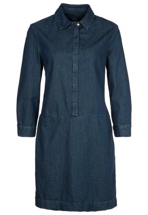 Mørk denimkjole med lange ærmer, krave, knaplukning og en tætsiddende talje, der har en glat tekstur og knælang kant.