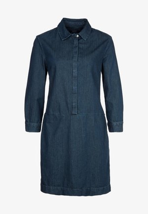 Mørk denimkjole med lange ærmer, krave, knaplukning og en tætsiddende talje, der har en glat tekstur og knælang kant.