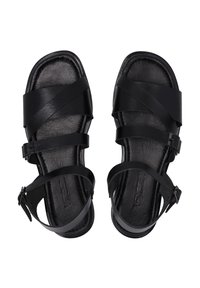 Zwarte leren sandalen met meerdere kruislings genaaide banden, een gestructureerde voetbed en verstelbare enkelbanden voor een veilige pasvorm.