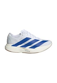 Chaussure de course blanche avec des rayures bleues Adidas, semelle légère amortie étiquetée "Lightstrike Pro," et lacets noués, vue de côté.