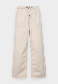 Lys beige bredbenede bukser med elastisk talje og snøre. Glat bomuldsstof med to frontfolder og ingen synlige lommer.