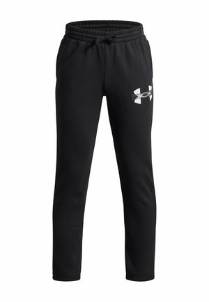 Zwarte sweatpants van zacht materiaal, met een elastische tailleband met trekkoord en een wit Under Armour-logo op de linker dij.