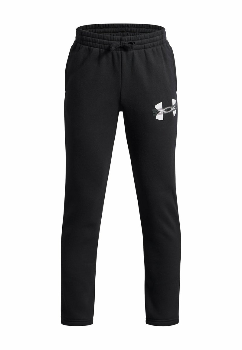 Zwarte sweatpants van zacht materiaal, met een elastische tailleband met trekkoord en een wit Under Armour-logo op de linker dij.