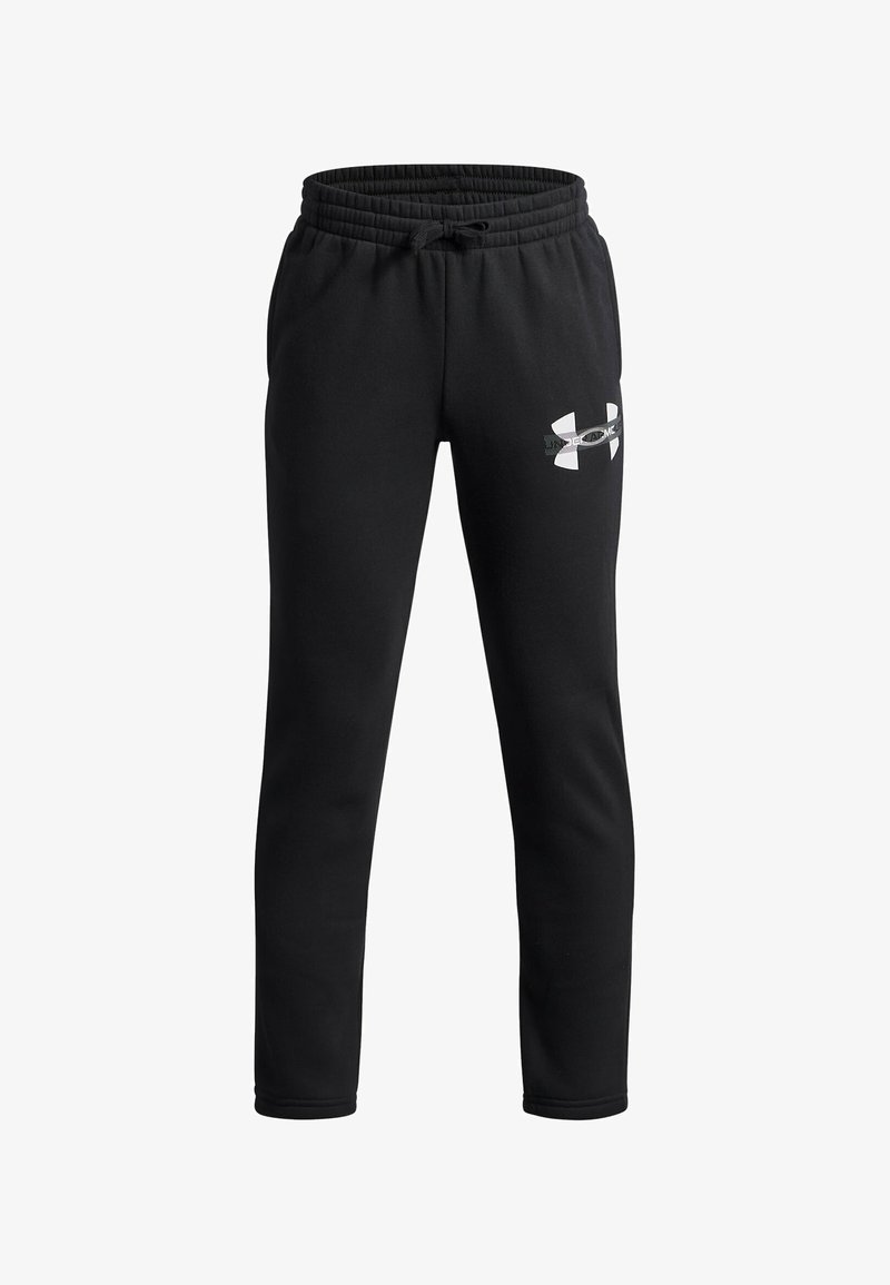 Zwarte sweatpants van zacht materiaal, met een elastische tailleband met trekkoord en een wit Under Armour-logo op de linker dij.