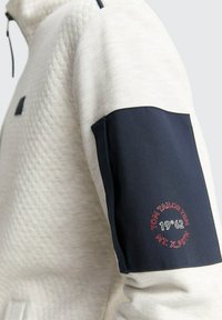 Lichtgrijze sweatshirt met textuurpatroon, marineblauw mouwpaneel met logo in het rood, ritssluiting en verstelbare capuchon.