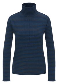 Pull à col roulé côtelé bleu foncé avec fines rayures horizontales. Manches longues et tissu extensible texturé. Pas de garnitures visibles ni d'accents.