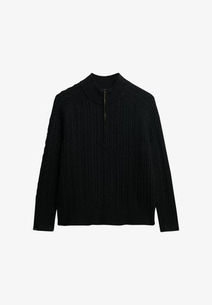 Zwarte gebreide pullover met hoge nek en een rits, voorzien van een kabelgebreid patroon en ribbels bij de manchetten en de zoom. Glad aanvoelende textuur.
