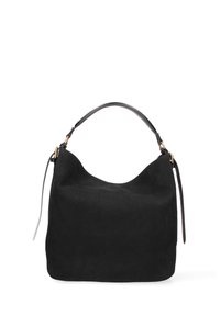 Borsa a tracolla in suede nero con una silhouette curva, un'unica tracolla in pelle nera e sottili dettagli in oro. Texture liscia.