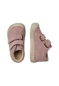 Pink suede children's shoes featuring two Velcro straps, rounded toe, and textured rubber soles for grip. Simple design with stitched accents.