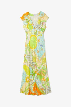 Daugiaspalvė maksi suknelė su V formos iškirpte, trumpomis rankovėmis ir lengvu, raštuotu audiniu, kuriame yra gėlių ir geometrinių raštų žalių, oranžinių ir mėlynų spalvų.