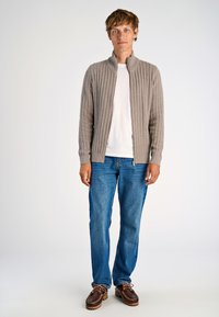 Ljust grått stickat cardigan med hög krage, kombinerat med en vit t-shirt och blå jeans. Bruna skor med snören fulländar outfiten.