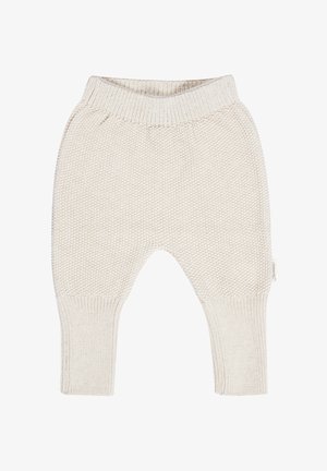 Cream-colored knitted baby pants with ribbed waistband and cuffs, featuring a textured stitch pattern and a small fabric brand tag on the side.