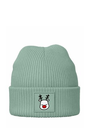 Mint green ribbed knit beanie with a turned-up cuff, featuring a square patch with a reindeer face, complete with antlers and a red nose.