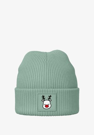 Mint green ribbed knit beanie with a turned-up cuff, featuring a square patch with a reindeer face, complete with antlers and a red nose.