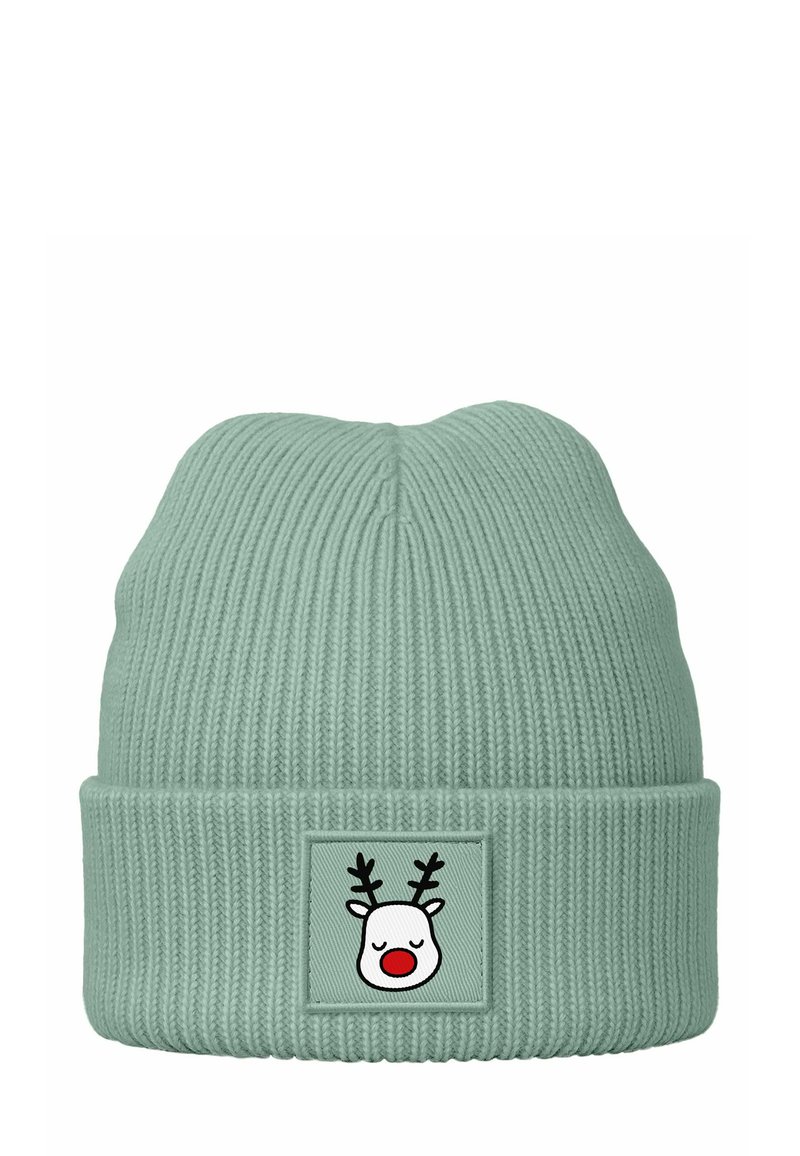 Mint green ribbed knit beanie with a turned-up cuff, featuring a square patch with a reindeer face, complete with antlers and a red nose.