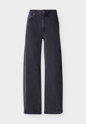 Zwarte high-waist wijde broekspijpen jeans met knopen en rits aan de voorkant, zijzakken en lussen voor een riem op een effen achtergrond.