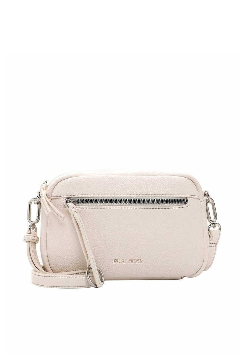 Borsa a tracolla in morbida pelle beige chiaro. Presenta una tasca frontale con zip, hardware argentato e una tracolla regolabile. Superficie testurizzata.