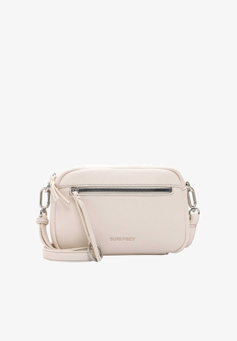 Borsa a tracolla in morbida pelle beige chiaro. Presenta una tasca frontale con zip, hardware argentato e una tracolla regolabile. Superficie testurizzata.