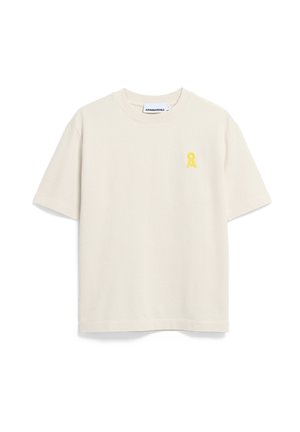 Cream-colored cotton t-shirt with short sleeves and a round neck. Features a small yellow ribbon logo on the left chest.