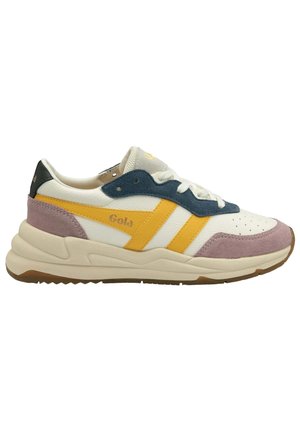 Sneaker in pelle scamosciata e pelle bianca, gialla, blu e rosa con chiusura frontale con lacci e perforazioni traspiranti sulla punta, con marchio "Gola" sul lato.