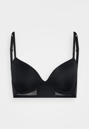 Soutien-gorge noir avec des bonnets rembourrés, des bretelles réglables et un tissu doux et lisse. Il possède un panneau en mesh à l'arrière pour la respirabilité.