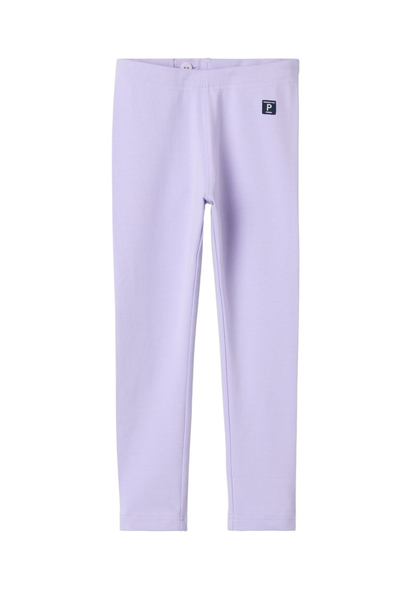 Lilac leggings yang terbuat dari bahan lembut dan elastis. Dilengkapi dengan tali pinggang dengan kancing dan label merek kecil di pinggul. Desain tanpa jahitan.