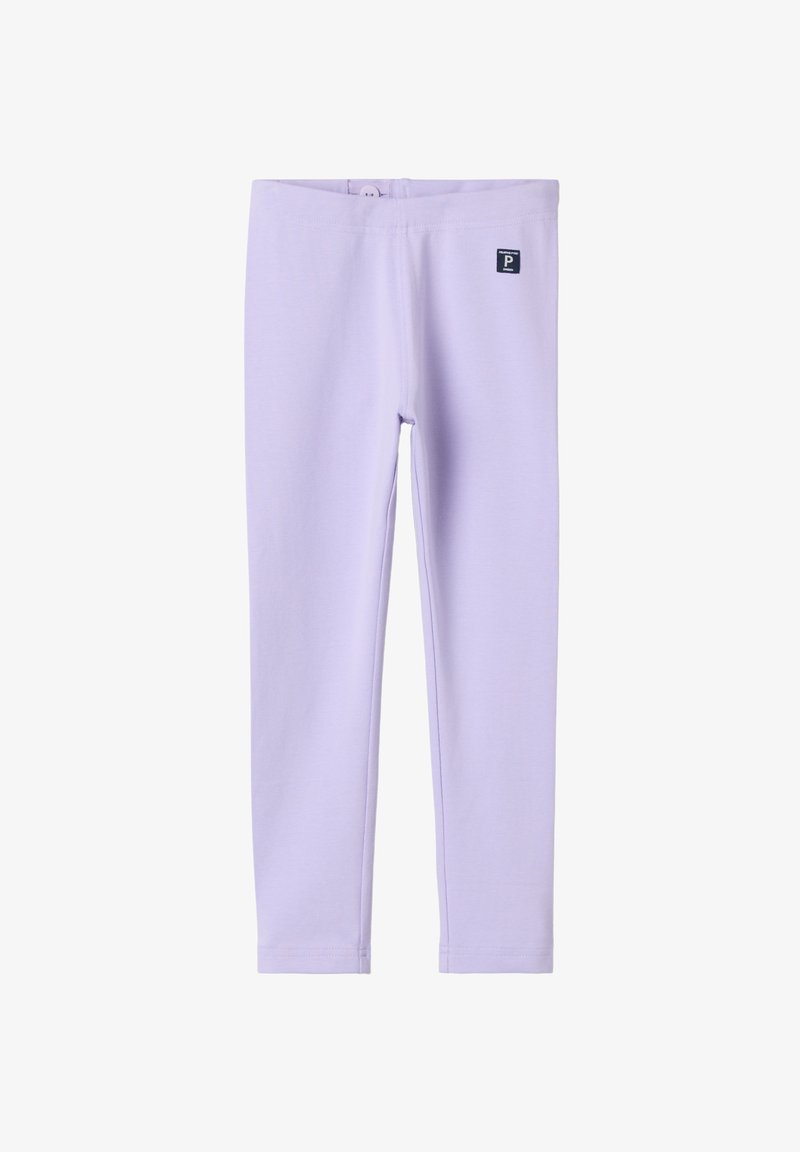 Lila leggings van zacht, rekbaar materiaal. Voorzien van een tailleband met een knoop en een klein merkembleem op de heup. Naadloos ontwerp.