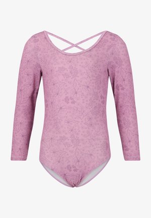 Langärmliger Badeanzug in hellrosa mit Blumenmuster, ausgestattet mit einem überkreuzten Rückendesign und einer engen Passform. Hergestellt aus elastischem Material.