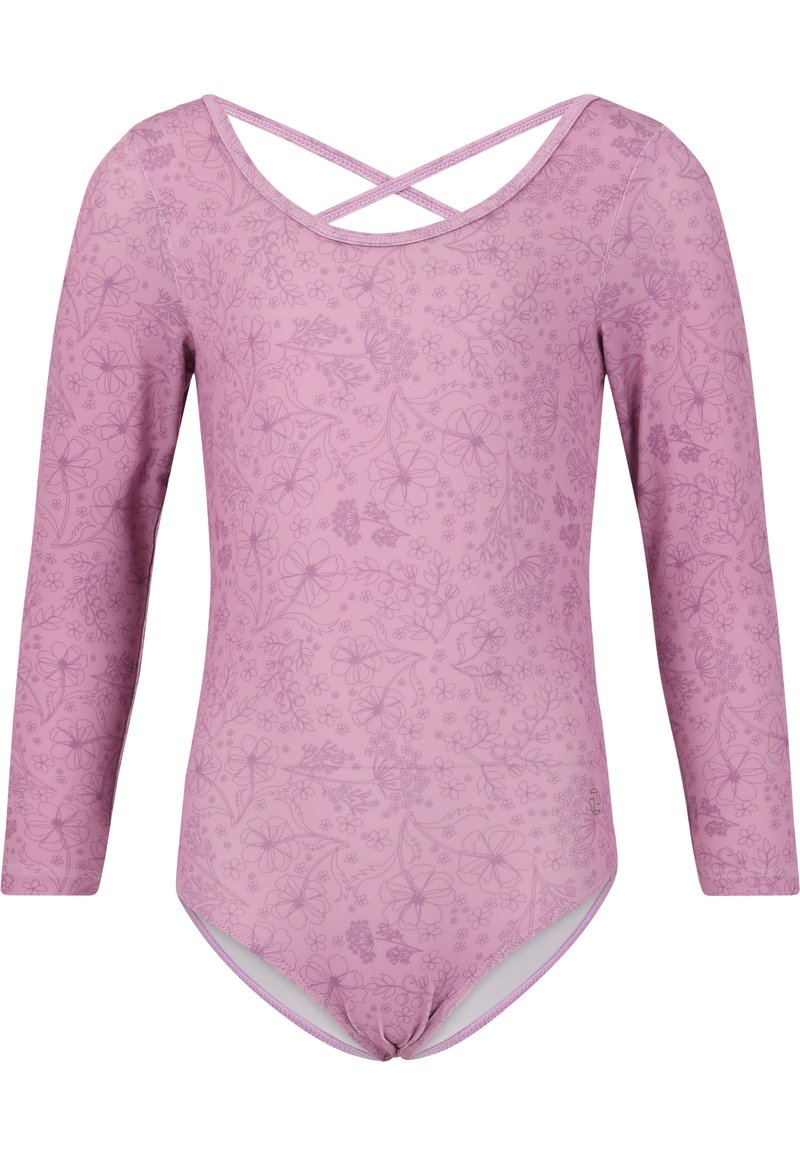 Langärmliger Badeanzug in hellrosa mit Blumenmuster, ausgestattet mit einem überkreuzten Rückendesign und einer engen Passform. Hergestellt aus elastischem Material.