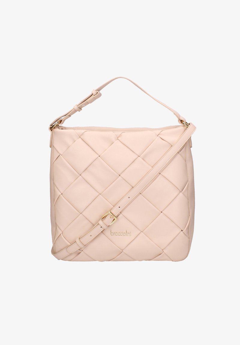 Borsa a tracolla in pelle trapuntata beige con tracolla regolabile e fibbia dorata, con sottile logo del marchio impresso sul davanti.