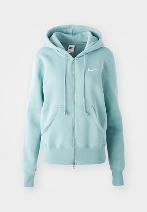 Light blue full-zip Nike hoodie with drawstring hood, front kangaroo pocket, ribbed cuffs and hem, and white Nike swoosh logo on chest.