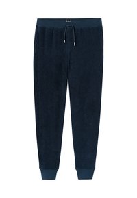 Marineblå ribbede sweatpants med snoreliv, elastiske manchetter og blød tekstur. Fremstillet af et hyggeligt materiale, velegnet til afslappet brug.
