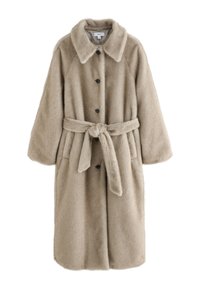 Beige jas van namaakbont met een grote kraag, knoopsluiting aan de voorkant, tailleband en zijzakken. Zachte textuur met een relaxte pasvorm.