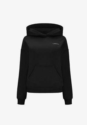 Fekete kapucnis pulóver puha anyagból, kenguru zsebbel és bordás mandzsettákkal, a frontrészén "LAMANIA" logóval nyomtatva.