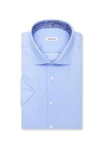 Chemise habillée pour hommes bleu clair avec un col intérieur à motifs paisley, des boutons blancs et une étiquette "seidensticker".