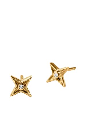 Pendientes de botón con forma de estrella dorada y una pequeña piedra preciosa clara en el centro de cada pendiente.