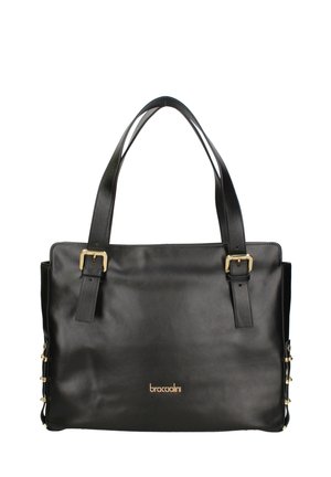 Borsa a mano in pelle nera con doppi manici, fibbie dorate, dettagli sottili ai lati e un piccolo logo dorato del marchio centrato sul davanti.