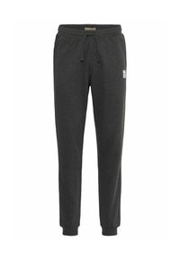 Grå joggebukser lavet af blødt stof med elastisk talje, snøre og tapered ben design. Har et lille mærkeskilt på forsiden.
