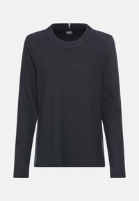 Langærmet mørkeblå sweater lavet af tekstureret stof. Har en bred rund halsudskæring og en almindelig pasform med sidesplitter i kanten.