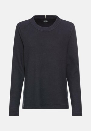 Dunkelblauer Pullover mit langen Ärmeln aus strukturiertem Stoff. Verfügt über einen weit geschnittenen Rundhalsausschnitt und einen lockeren Schnitt mit seitlichen Schlitzen am Saum.